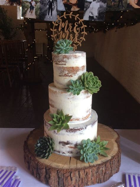 3 Tier Semi Naked Cake With Wooden Cake Topper Decorated With Fresh Succulents Naked Wedding