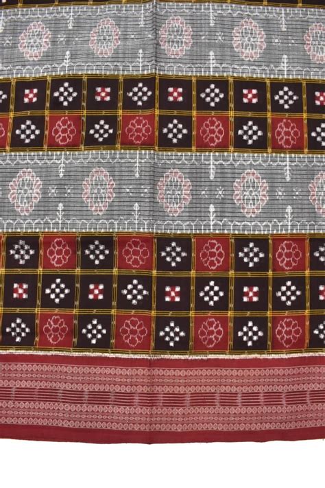 Gray Maroon Pasapali Design Sambalpuri Handloom Cotton Saree