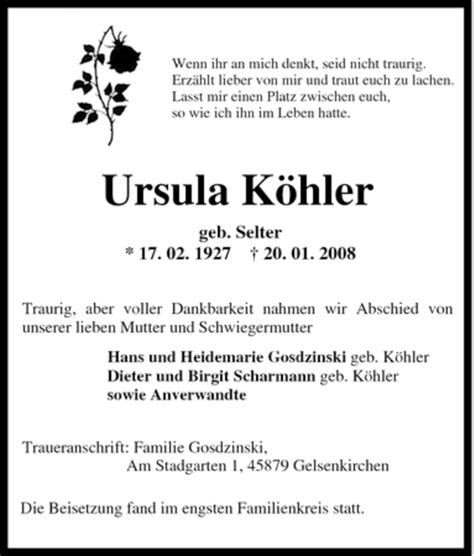 Traueranzeigen von Ursula Köhler Trauer in NRW de