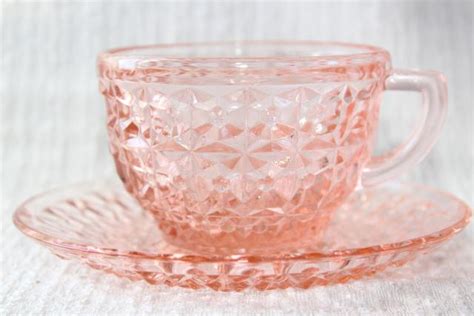 Holiday Buttons And Bows Pattern Pink Depression Glass Dishes Set 1940s Vintage Jeannette Glass