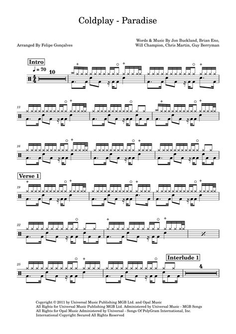 Paradise Arr Felipe Gonçalves By Coldplay Sheet Music For Drums At Sheet Music Direct