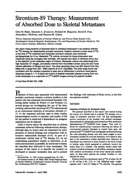 Strontium 89 Therapy Measurement Of Absorbed Dose To Skeletal