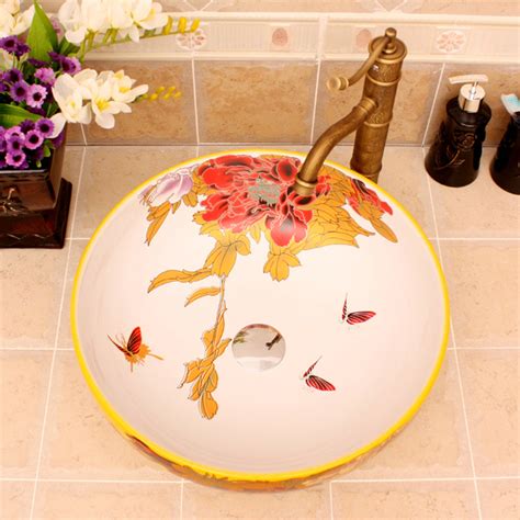 5 Colored With Floral Butterfly Design Ceramic Colored Decorative Sink