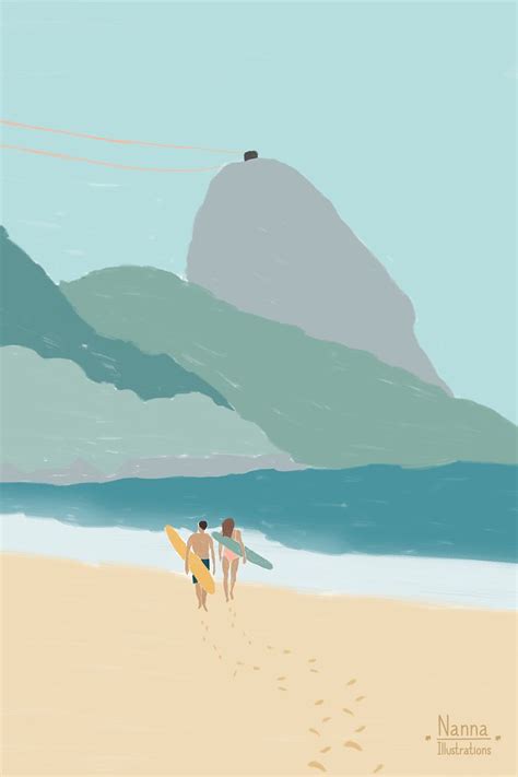 Surf Couple Beach Print Surf Wall Art Longboarding Rio De Janeiro