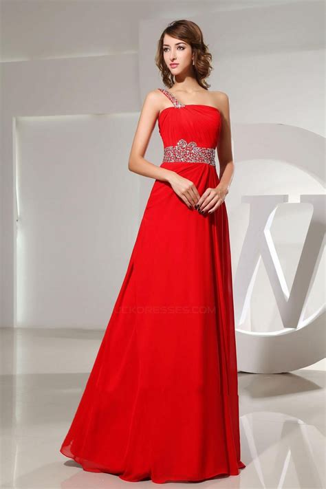 A Line One Shoulder Beaded Long Red Chiffon Prom Evening Dresses Ed010831