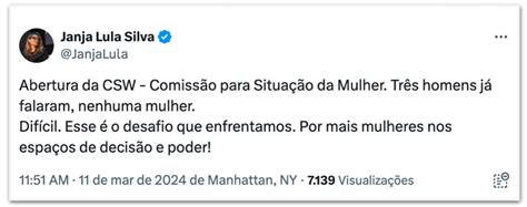 Janja critica ausência de mulheres em evento da ONU