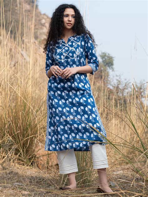 Buy Indigo Hand Block Printed Cotton Anarkali Kurta With White Pants