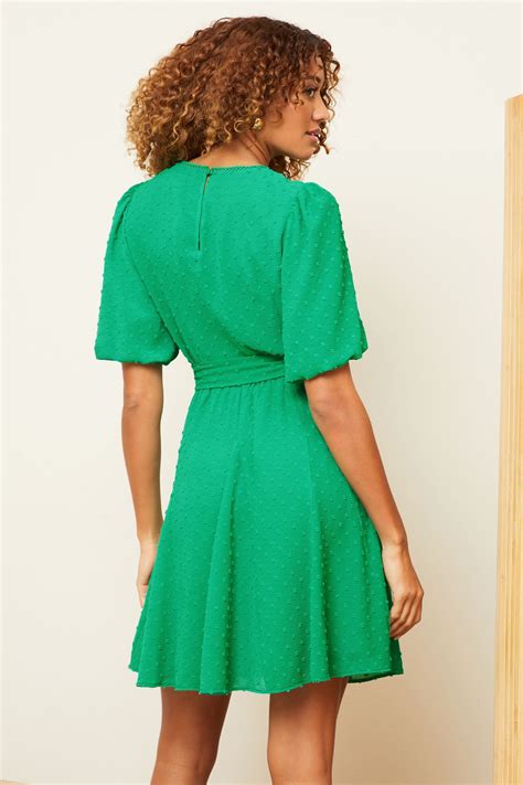 Buy Love And Roses Green Dobby Puff Sleeve Belted Mini Dress From Next