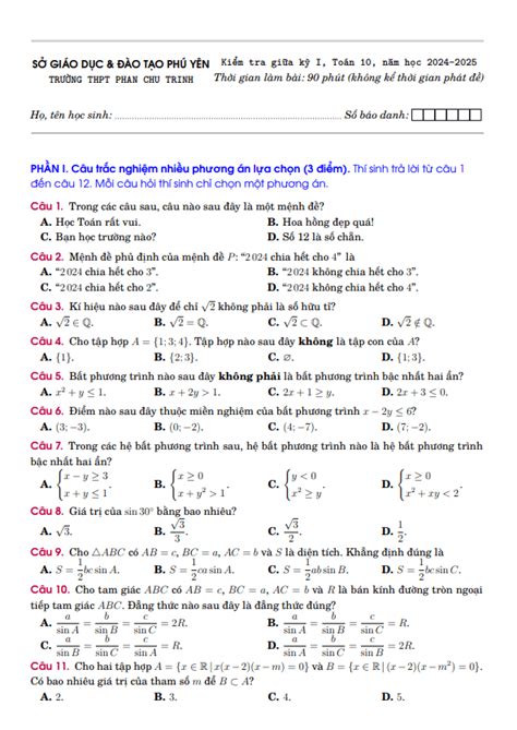 De Giua Ky 1 Toan 10 Nam 2024 2025 Truong Thpt Phan Chu Trinh Phu Yen