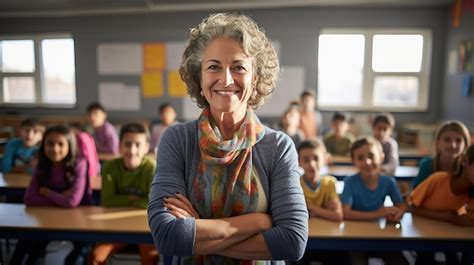 Premium Photo Portrait Of Middle Aged Female Teacher Smiles With Arms Crossed In Classroom