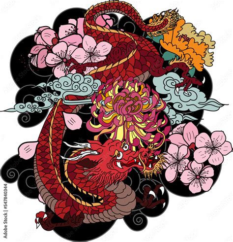 Hand Drawn Dragon Tattoo Coloring Book Japanese Stylejapanese Old Dragon With Sunrisesymbol