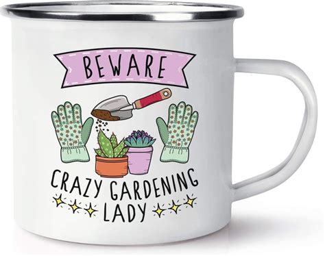 Beware Crazy Gardening Lady Retro Enamel Mug Cup Amazon Co Uk Home