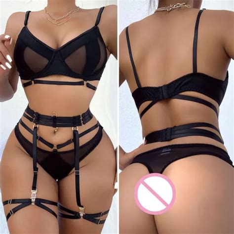 Set Reggiseno E Collant Donna In Pizzo Seducente Cintura Giarrettiera Lingerie Eur