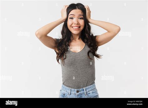 Image Of Positive Brunette Woman S Dressed In Basic Clothes Smiling