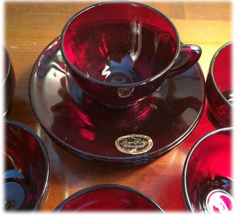 Vintage Red Glass Cups Saucers Set Of 6 Anchor Hocking Royal Ruby