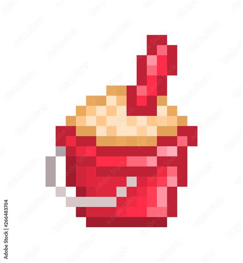 Red plastic bucket and a trowel, 8 bit pixel art set of sandbox toys ...