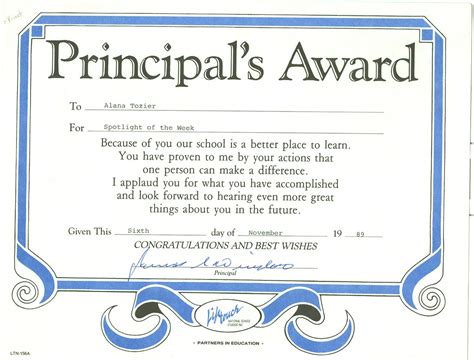 Editable Printable Principal S Award Certificate Template Free