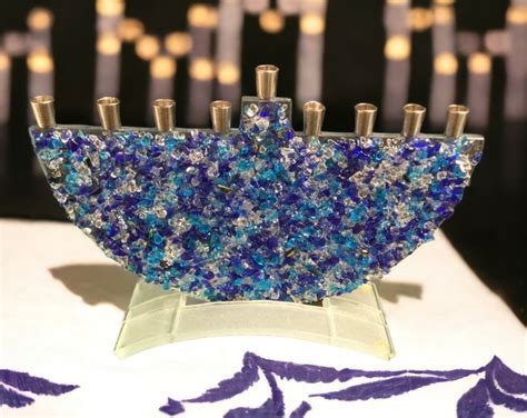 Crushed Blue And Clear Glass Menorah Tamara Baskin Signed Hand Crafted Art Glass Menorah Fused