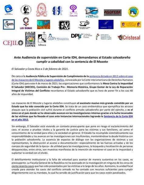 Ante Audiencia De Supervisión En Corte Idh Demandamos Al Estado Salvadoreño Cumplir Con La