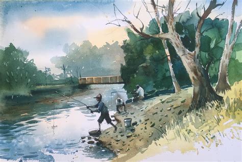 Fishing, Watercolor on paper, Size 15 X 22 inches. : r/Watercolor