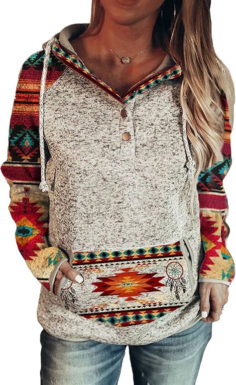 Women Western Aztec Print V Neck Sweatshirt Western Ethnic Print Loose