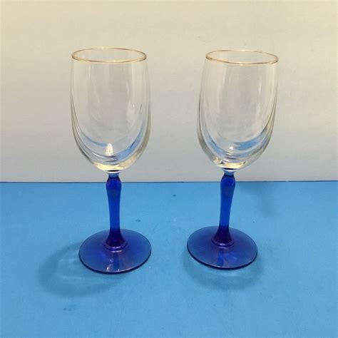 Cobalt Blue Stem Wine Glasses Gold Rim Set Of 2 Ebay