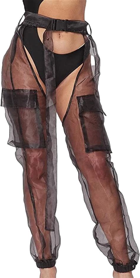 Women Buckles Bottomless Pants Sexy See Through High Wasit Rave Chaps