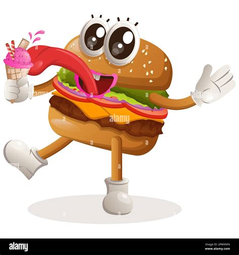 Cute Burger Mascot Design Eat Ice Cream Ice Cream Cone Burger Cartoon