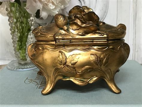 Gold Metal Jewelry Casket Art Nouveau Rose Jewelry Gem