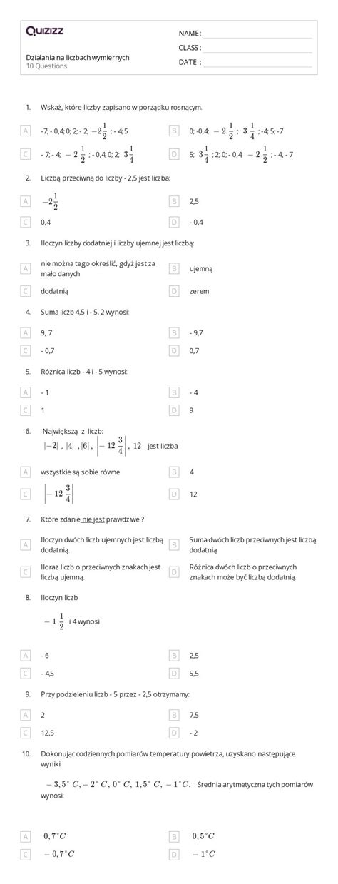 Ponad Operacje Na Liczbach Wymiernych Arkuszy W Quizizz Darmowe I