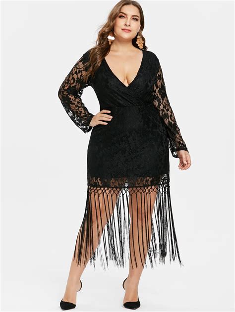 Wipalo Plus Size Long Sleeve Deep V Neck Lace Tassel Dress Sexy Lace