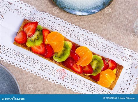 Puff Pastry With Custard Cream Strawberries Tangerine And Kiwi Stock Image Image Of