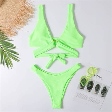 New Ring Straps Sexy Bikini Set Solid Swimsuit Lady Lower Waist