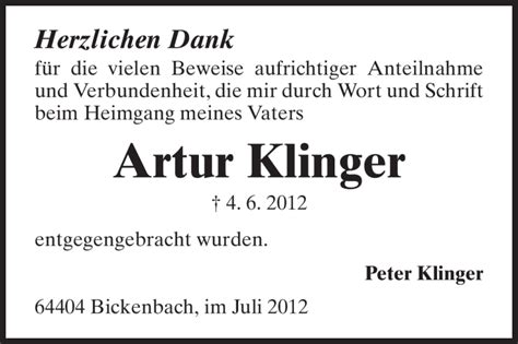 Traueranzeigen Von Artur Klinger Vrm Trauer De