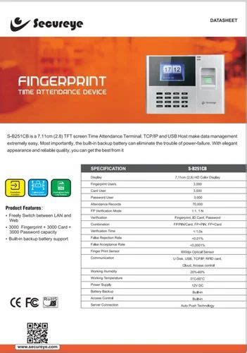 Secureye S B251cb Fingerprint Attendance Biometric Device At Rs 7000 Piece Fingerprint Time