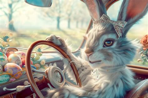 Premium Photo Cute Bunny Driving Vintage Car Full Of Easter Eggs