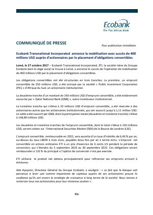 Communiqu Ecobank Transnational Incorporated Annonce La Mobilisation