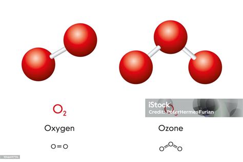 Oxygen And Ozone Molecule Models And Chemical Formulas Stock