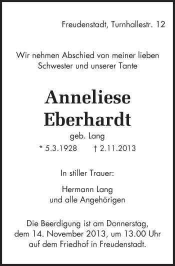 Traueranzeigen Von Anneliese Eberhardt Schwarzw Lder Bote Trauer