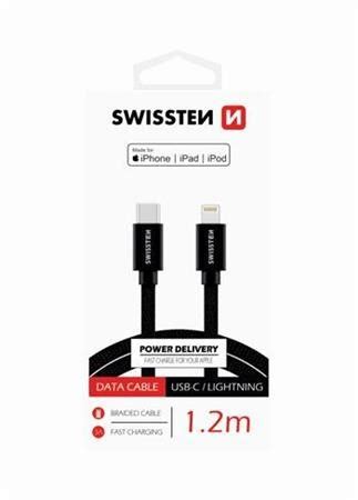 SWISSTEN DATOVÝ KABEL TEXTILE USB C LIGHTNING MFi 1 2 M ČERNÝ