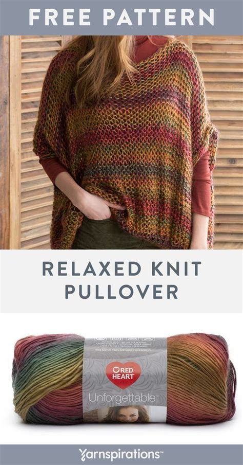 A Woman Wearing A Multicolored Knitted Sweater With Text That Reads Free Pattern Relaxed Knit