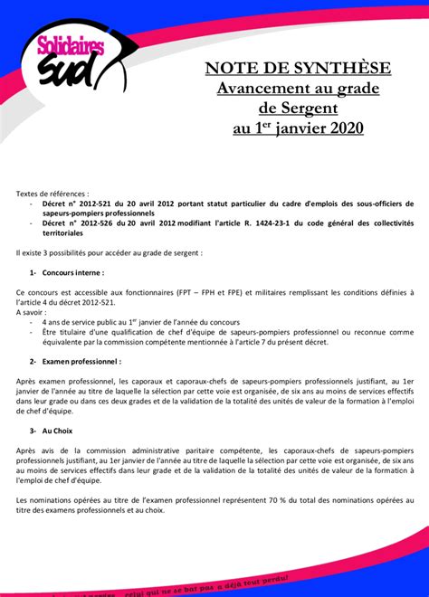 Note de synthèse avancement de grade au 1 janvier 2020 Sud sdis62