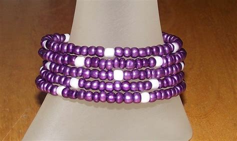 Purple With White Beaded Wrap Memory Wire Coil Bracelet Usa Made