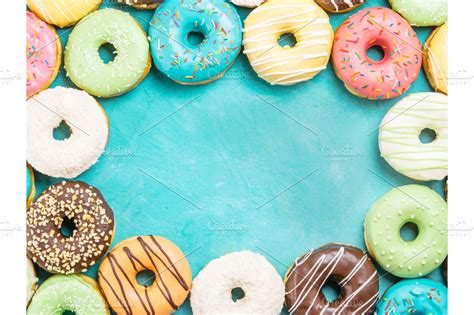 Donuts On Blue Background Copy Space Top View High Quality Food