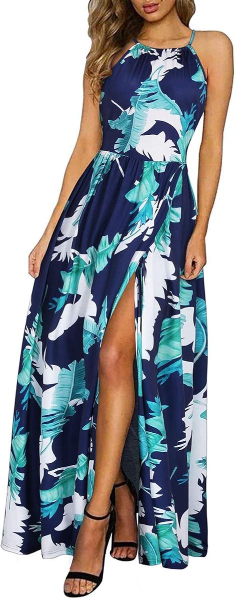 Kilig Women S Summer Casual Sleeveless Halter Neck Floral Print Beach Party Split Maxi Long