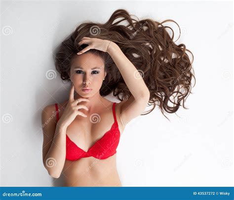 Portret Van Mooi Rondborstig Brunette In Rode Bustehouder Stock Foto