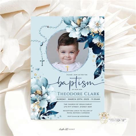 Blue Rosary Baptism Invitation Etsy