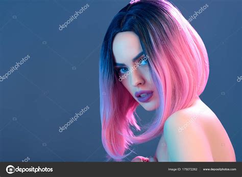 Beautiful Nude Woman Pink Wig Isolated Blue Stock Photo By