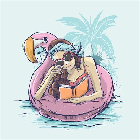 Livre De Lecture De Fille De Plage Avec Bikini Sur Le Flotteur De Flamant Rose Vecteur Premium