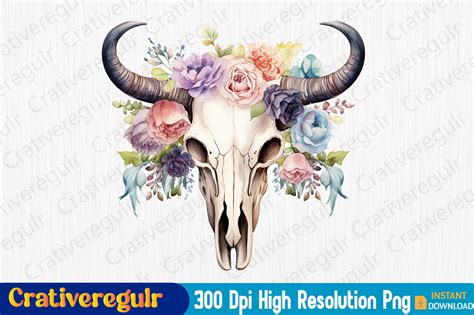 Watercolor Floral Bull Skull Clipart Graphic by Crativeregulr ...